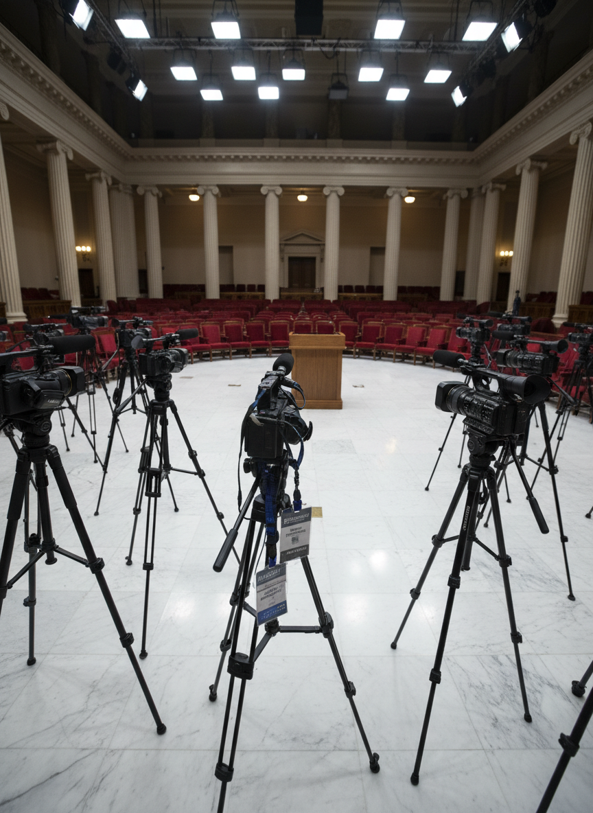 A bank of compact broadcast cameras and slim directional microphones mounted on tripods, all pointed toward an empty podium in a grand, neoclassical hall, the seats vacant and slightly out of focus. The marble floor subtly reflects the equipment, and discrete press badges lie draped over one tripod, emphasizing independent coverage. Overhead, cool white press lights cast clean, even illumination across the scene, creating crisp shadows beneath the tripods. Shot from a low, three-quarter angle in photographic realism, the composition uses the rule of thirds to make the podium a secondary focal point, capturing the tense, anticipatory mood of a major political press conference about to begin, with no human figures present.