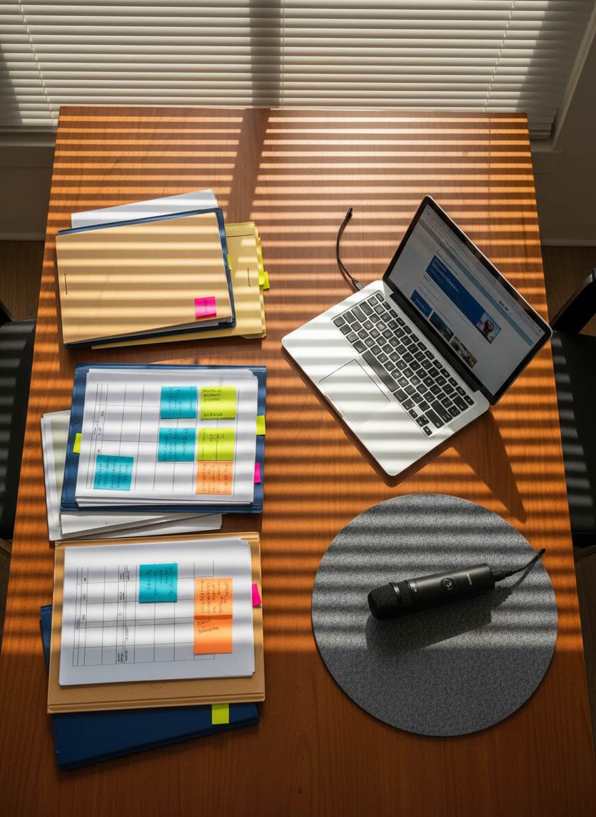 A polished walnut table in a quiet media office, covered with meticulously organized political research materials: highlighted briefing folders, color-coded sticky notes, and a laptop displaying a blurred news website layout. Beside them, a slim digital recorder and a small, professional microphone rest on a soft felt mat, symbolizing field reporting. Golden afternoon light streams through venetian blinds, casting striped shadows across the table surface and creating a warm yet serious atmosphere. The camera shoots from an overhead, bird’s-eye view in photographic realism, ensuring sharp focus across every paper edge and device. The composition feels ordered and methodical, representing independent political journalism work in progress, free from any human presence or visible text.