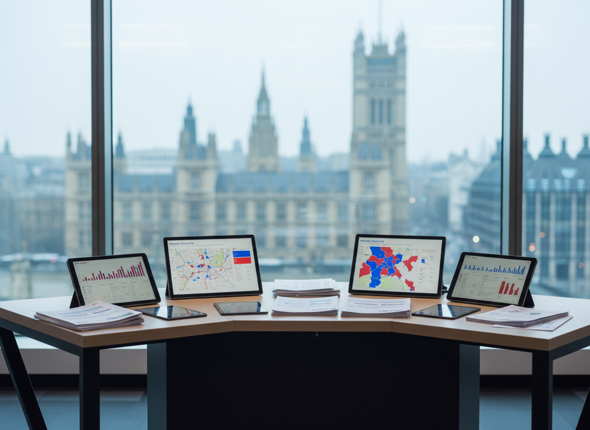 A sleek, modern newsroom-style desk made of matte black metal and pale oak, covered with neatly arranged tablets, laptops, and printed briefing notes, each screen glowing with colorful charts and electoral maps. The desk sits in front of a large, floor-to-ceiling window overlooking a blurred cityscape of Westminster-like architecture, rendered without recognizable landmarks. Cool, diffused daylight fills the room, creating soft reflections on the devices and a professional, focused atmosphere. Photographic realism at eye level, with a shallow depth of field that keeps the technology crisp while the urban political backdrop falls into gentle bokeh, conveying independent, analytical political journalism without showing any people.